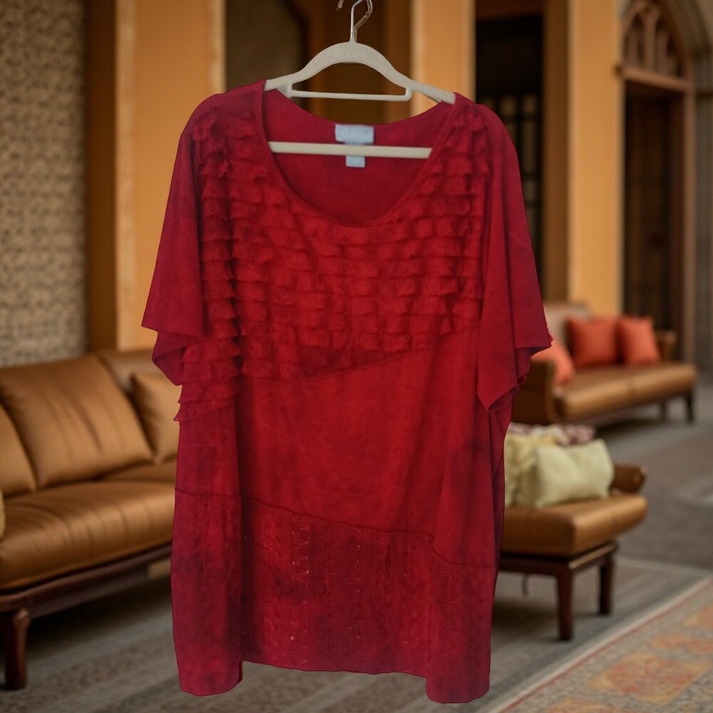 LIz & Me 22/24W Red Embellished Plus Blouse Sequins & Ruffles 2x 30" Length